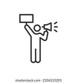 Man with a sign with a megaphone, linear icon. Line with editable stroke