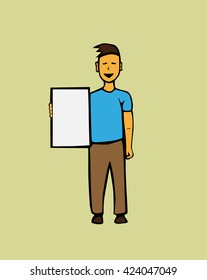 man with a sign on a beige background