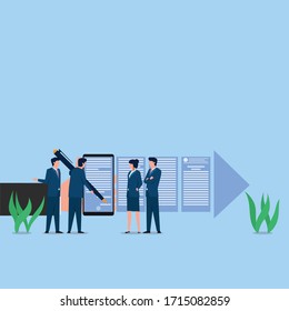 Man sign on contract inside phone metaphor of online signature. Business flat vector concept illustration for Wallpaper, Banner, Background, Infographic, Book, And Web Landing Page.