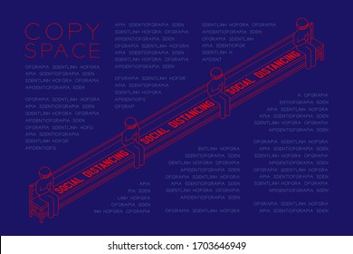 Man sign pictogram with mask chat smartphone on bench chair keep distance to protection COVID-19 virus outbreak, Social distancing poster or social banner illustration on background, copy space