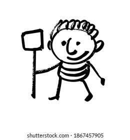 A man with a sign at a rally. Single picket in defense of their rights. Hand-drawn funny cartoon character. Black and white vector illustration.