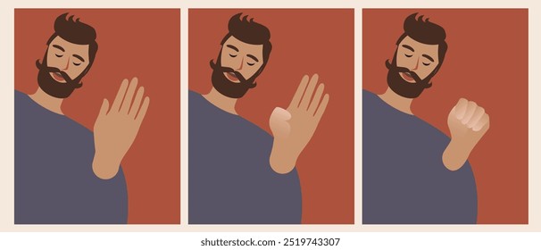 Man and Signal for Help with Hand, Flat Vector Stock Illustration for Victims of Domestic Violence