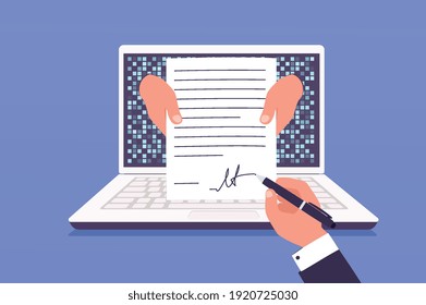 Man signing agreement document online. Concept transferring legal deal with digital signature.