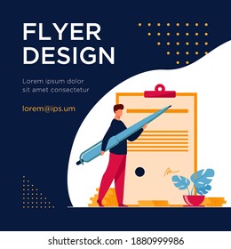 Man signing contract with big pen. Project, profit. Flat vector illustration. Business concept can be used for presentations, banner, website design, landing web page
