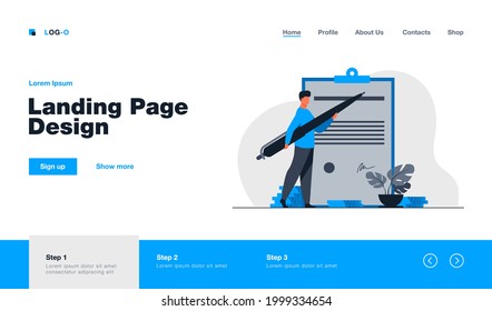 Man signing contract with big pen. Project, profit. Flat vector illustration. Business concept can be used for presentations, banner, website design, landing web page