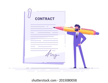 Man signing contract with big pen.  Online deal and e-agreement concept. Modern vector illustration.