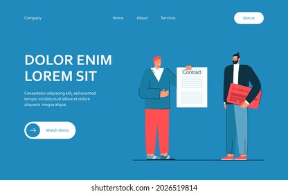Man signing contract for credit card. Male character receiving credit card. Signing documents. Account holder. Finance concept for banner, website design or landing page