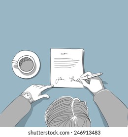 Man signing a contract - hand drawn illustration