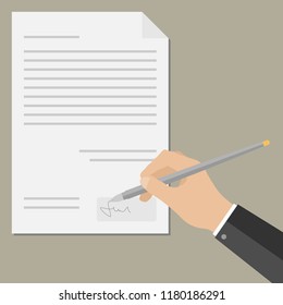 Man signing a contract with a luxury pen. Businessman or laywer in workspace. Signature concept. Vector isolated illustration.