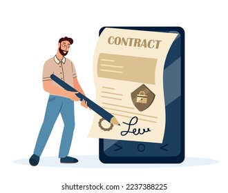 Man Signing Contract Online.Digital Electronic Signature Concept.Adult Man Putting Sign Into Legal Document on Huge Mobile Phone Screen.Isolated on White Background People Flat Vector Illustration