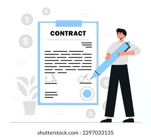 Hombre firmando contrato. Joven con un bolígrafo cerca del documento. Apoyo jurídico a la transacción y protección de los derechos. Metáfora de negociación exitosa, digital, licencia. Dibujo vectorial plano de dibujos animados