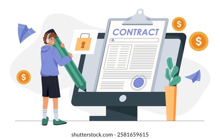 Man signing contract. Young guy with pencil near computer. User puts digital signature on contract. Deals and agreements on internet. Online contract. Flat vector illustration