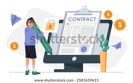 Man signing contract. Young guy with pencil near computer. User puts digital signature on contract. Deals and agreements on internet. Online contract. Flat vector illustration