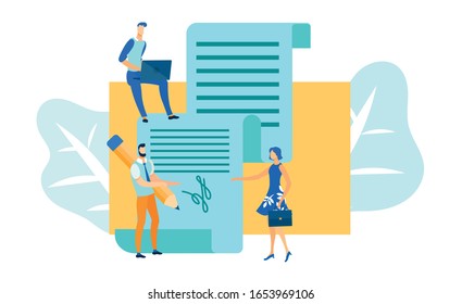 Man Signing Document Concept Flat Cartoon Vector Illustration. Man and Woman Having Deal, Creating Contract. Girl Holding Briefcase, Boy with Laptop. Signature on Paper. Sitting on Envelope.