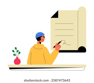 Man Signing a Legal Document in Flat Vector Illustration Symbolizing Agreement, Contract Signing, and Business Approval, Isolated on White Background