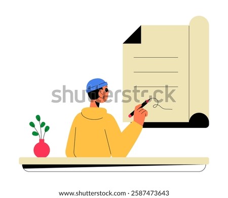 Man Signing a Legal Document in Flat Vector Illustration Symbolizing Agreement, Contract Signing, and Business Approval, Isolated on White Background
