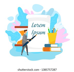 Man Signing Legal Document Web Banner Template. Scroll with Text Space. Business Contract, Agreement Cartoon Illustration. Hourglass, Textbooks Stack, Office Stationary. Businessman Character
