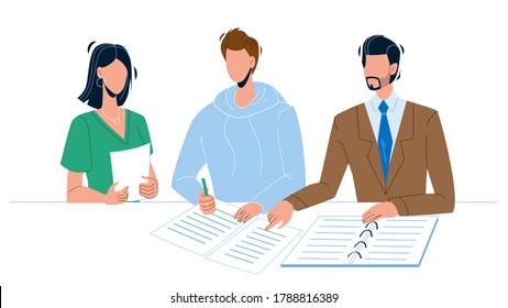 Man Signing Notary Document by Signature Vector. Notary Showing Place For Sign Legal Agreement Or Contract. Characters Attorney, Secretary And Client Lawyer Service Flat Cartoon Illustration