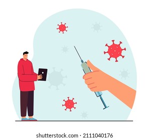 Man signing up for vaccination via tablet. Hand of doctor holding huge vaccine syringe flat vector illustration. Coronavirus, prevention, health concept for banner, website design or landing web page