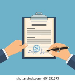 Man signs agreement. In one hand holds clipboard with contract, in other hand - pen. flat style icons. isolated vector illustration