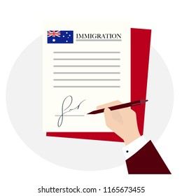 Man Signs Australian Immigration Document. Vector Agreement Icon, Flat Illustration. Signing Contract Moving To Australia Red Flag. Man In Suit Puts  Signature On Piece Of Paper, Visa Application