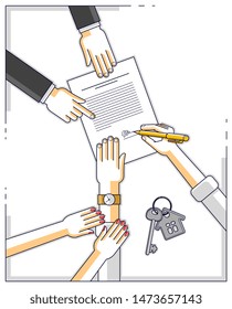 Man signs bank mortgage hypothec for real property house buying and his woman helps him to dare to make a decision and employee explains terms of loan, top view people hands and paper. Vector.