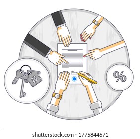 Man signs bank mortgage hypothec for real property house buying and employee explains terms of loan credit, top view of desk with people hands and paper documents. Vector illustration.