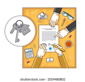 Man signs bank mortgage hypothec for real property house buying and employee explains terms of loan credit, top view of desk with people hands and paper documents. Vector illustration.