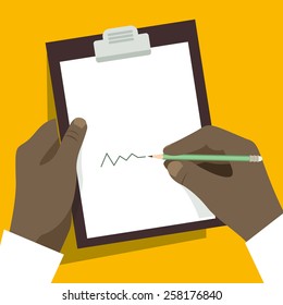 Man signs document  handle puts his signature cartoon flat design style. Vector design template