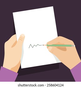 Man signs document  handle puts his signature cartoon flat design style. Vector design template