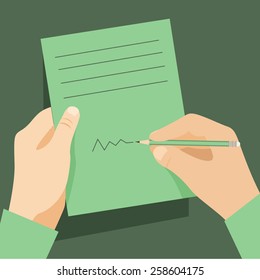 Man signs document  handle puts his signature cartoon flat design style. Vector design template