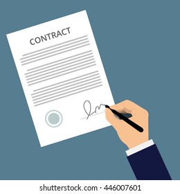 Man signs document with stamp. Vector agreement icon, flat illustration. Signing contract cartoon flat design style. Man in a suit puts his signature on a piece of paper on the table.