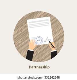 Man signs document stamped handle puts his signature flat design style