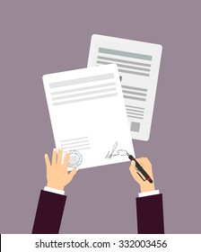 Man signs document stamped handle puts his signature flat design style