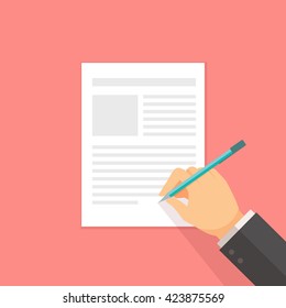 Man signs the document stamped handle puts his signature cartoon vector illustration