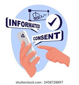 Man signs a form of information consent. The businessman signs the document. Phone in hand, information and consent online. Vector illustration flat design. Medical agreement.