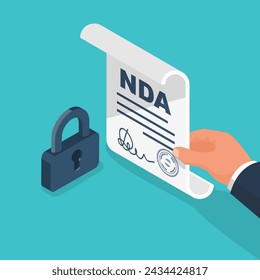 Man signs NDA contract. Contract printing and safety signature. Lock as a symbol of protection, metaphor. Non Disclosure Agreement document. Privacy document. Vector icon.