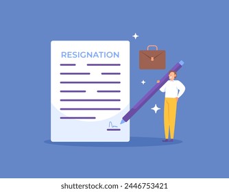 a man signs a resignation letter. quit your job. resigned from work because he wanted to be free. resignation letter and employee. flat style illustration concept design. graphic elements. vector