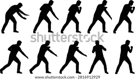 Man silhouette action poses vector sequence showing martial arts steps