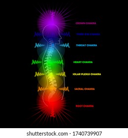 Man silhouette with active shining chakras on the black background vector illustration