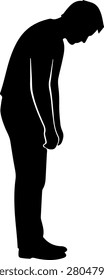 Man silhouette bowing head expressing shame, apology, regret, and humility Silhouette of man bowing head in apology remorse and sadness