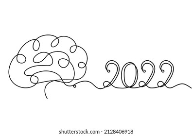 Man silhouette brain with 2022 year as line drawing on white background. Vector