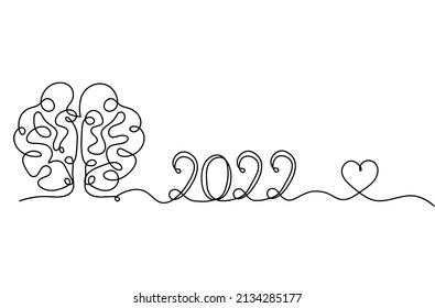 Man silhouette brain with 2022 year as line drawing on white background. Vector