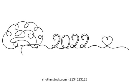 Man silhouette brain with 2022 year as line drawing on white background. Vector