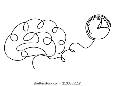 Man silhouette brain with clock as line drawing on white background. Vector