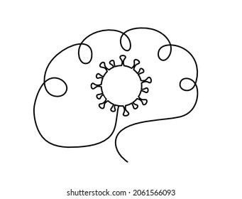 Man silhouette brain and corona virus as line drawing on white background. Vector. Vector