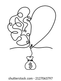 Man silhouette brain with dollar as line drawing on white background. Vector