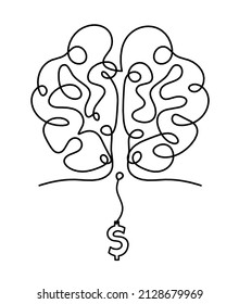 Man silhouette brain with dollar as line drawing on white background. Vector