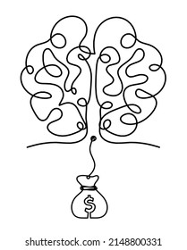 El cerebro de la silueta humana con el dólar como dibujo de fondo blanco. Vector