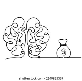 Man silhouette brain with dollar as line drawing on white background. Vector
